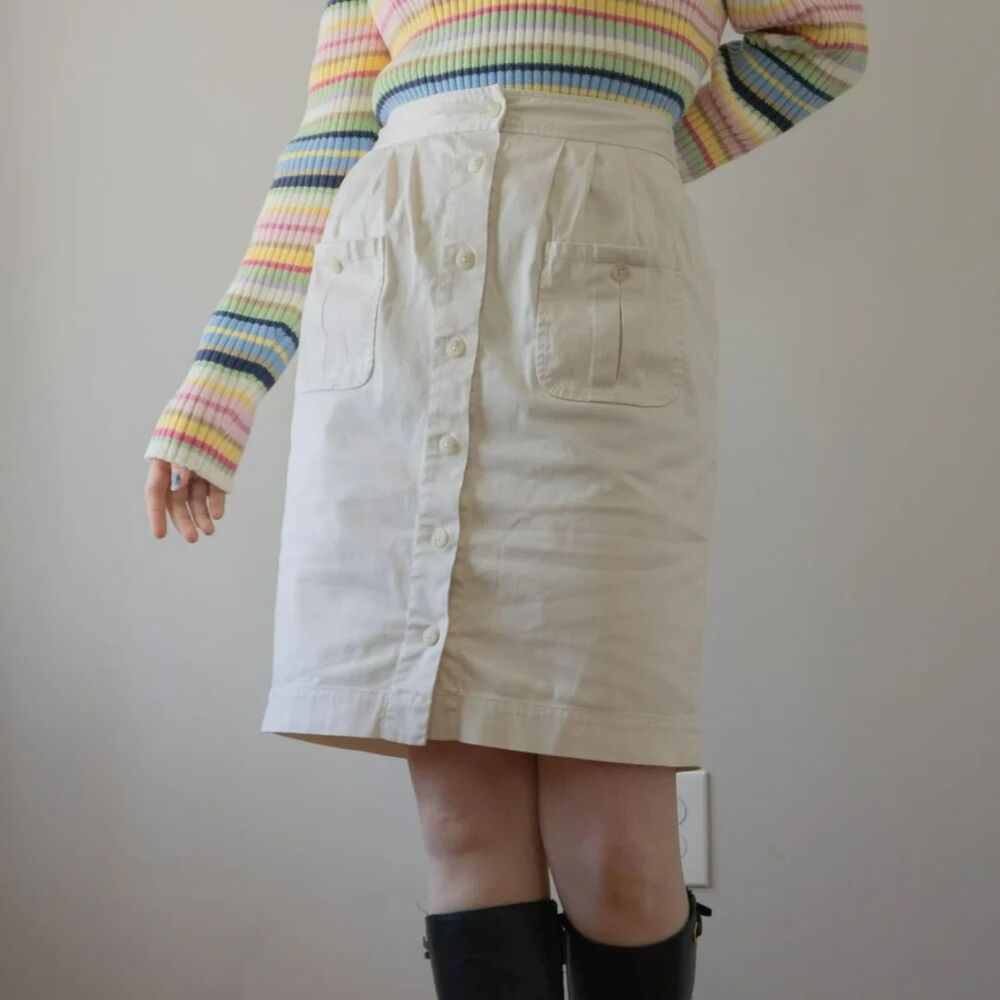 Saks Classic White Cream Button Down Midi Cotton Women's Skirt